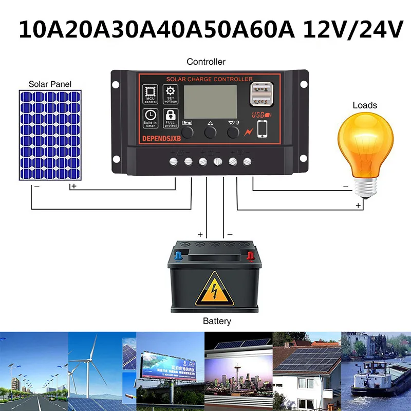 10A/20A/30A/40A/50A/60A Панели солнечные контроллер Батарея заряда Регулятор 12 V/24 V Авто 4-уровневая PWM с двойным Usb