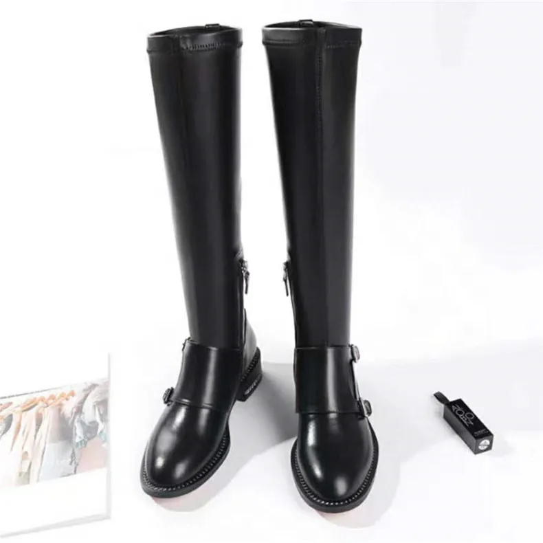 

Sestito Women Newest Buckles Embellished Square Low Heels Knee High Boots Lady Round Toe Knight Boots Girls Simple Long Boots