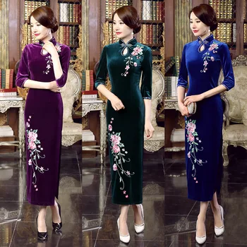 

Chinese Women's Velour Handmade Coil Clasper Mandarin Collar Embroider Flower Long Cheong-sam Dress S M L XL XXL 3XL 4XL T0019