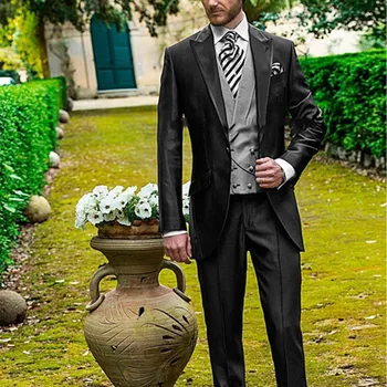 Skup New Arrival Popularne Czarna Szara Smokingi Dla Pana Młodego Groomsmen Garnitury ślubne Dla Mężczyzn Prom Oblubieniec Mężczyzn Garnitur (kurtka + Spodnie + Kamizelka)