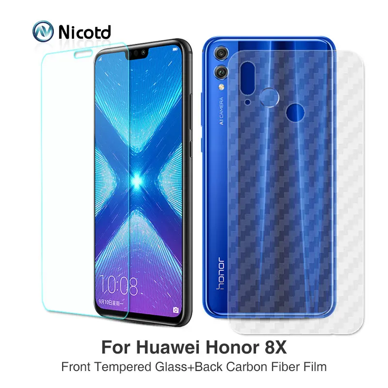 Nicodd 2 шт. в упаковке для huawei Honor 8X прозрачное закаленное стекло с добавлением задней панели из углеродного волокна защитная пленка для экрана для Honor 8X стеклянная пленка