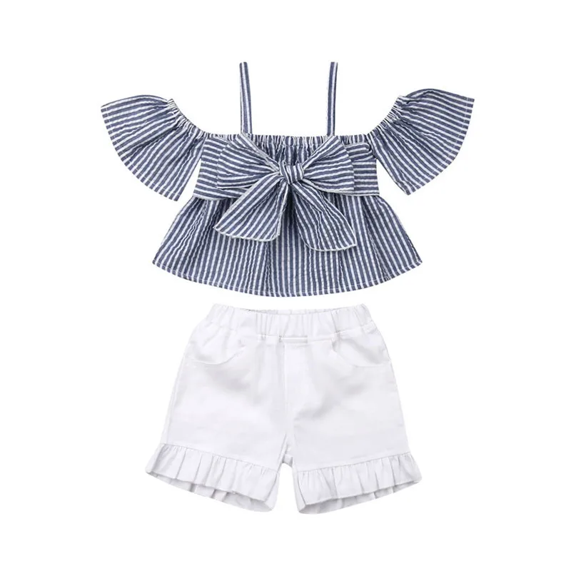 

Summer 2019 Hot Toddler Baby Girl Kid Clothes Bow Top T-shirt Outfit Set Girls Clothes Set Striped Pattern Design Girls Clothing