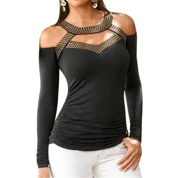 

Sequins Rhinestones Patchwork Black T Shirt Women Off Shoulder Bandage Tee Shirt Femme Long Sleeve Stretchy Autumn Tops Blusas