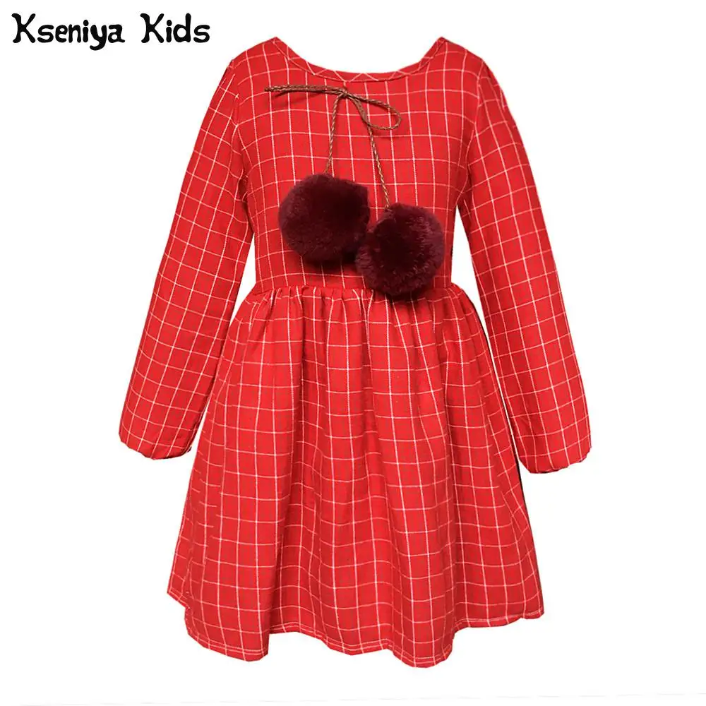 Kseniya Kids/ г. Весенне-Осенняя новогодняя Милая одежда с длинными рукавами для маленьких девочек красное клетчатое платье принцессы с помпонами для девочек