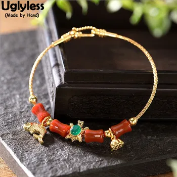 

Uglyless 18CM Plated Gold Bracelets for Women Real 925 Sterling Silver Lotus Fish Turtle Charms Bracelet Agate Beads Bangles