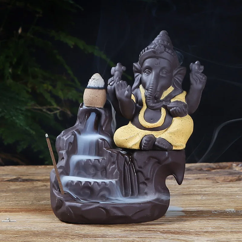 Слон Бог обратного потока кадило фиолетовая глина Ганеша статуя Будды низар буддизм обратного потока ладан горелки дзен чай домашнее животное Декор - Цвет: yellow