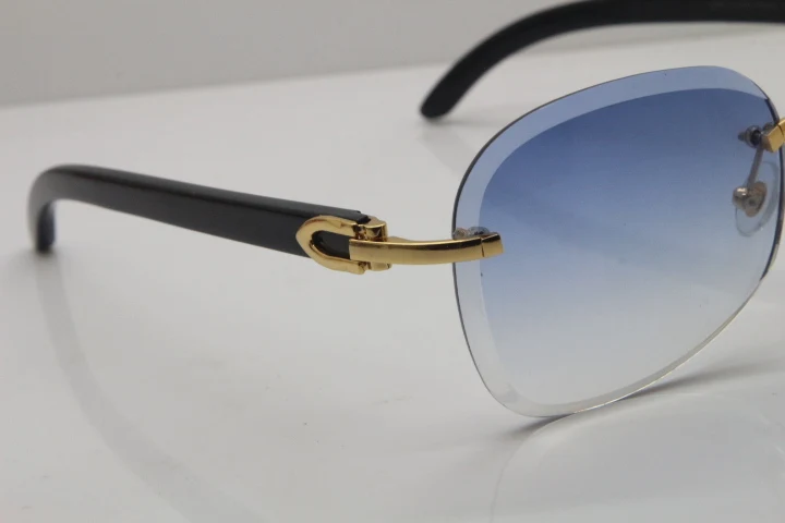 2018 New Cartier Rimless  T8200847 Black Buffalo Horn Sunglasses in Gold Blue Lens (7)