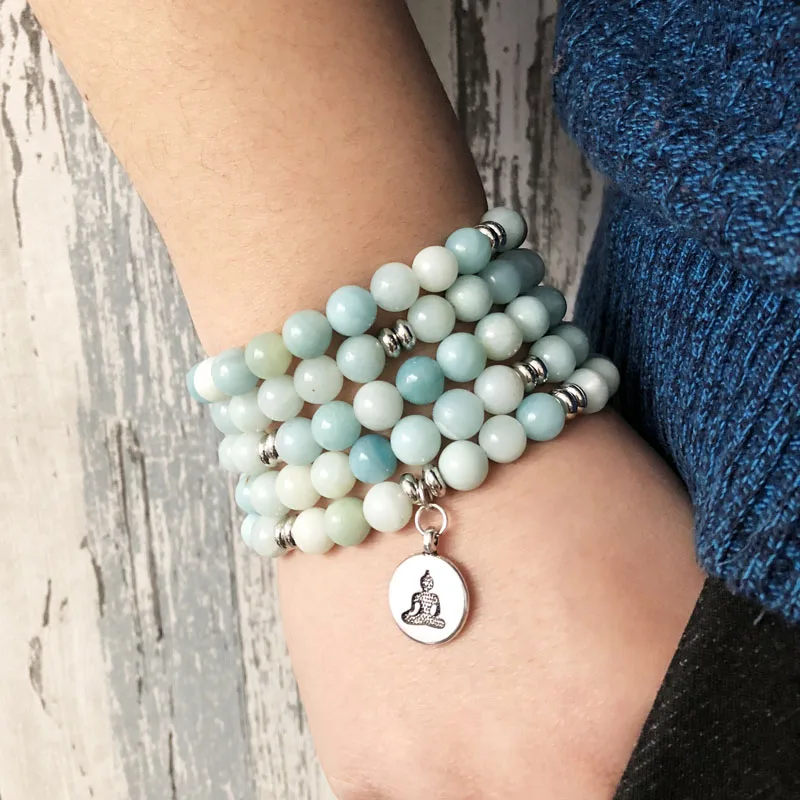 Hottest Ab Amazonite Stone Wrapped Bracelet For Unisex 108 Prayer Beads Wrist Lotus Mala Om Charm Bracelet Aliexpress Jewelry Accessories