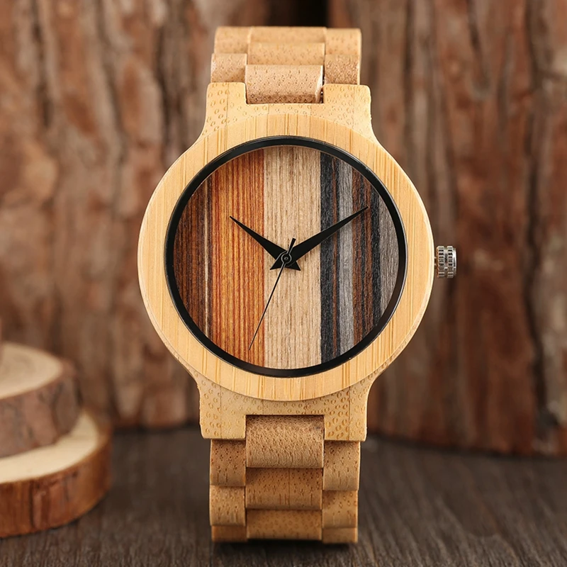 Полностью деревянные часы, мужские, натуральные, ручной работы, кварцевые, деревянные, креативные, в полоску, с бамбуковым циферблатом, аналоговые, мужские наручные часы, Relogio Masculino