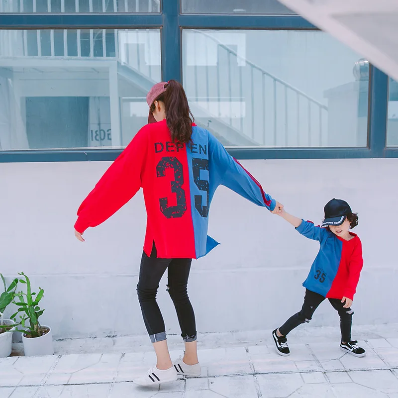 Casual Mother Son Family Matching Clothes Autumn Pure Cotton Patchwork Long Sleeve Mom and Daughter Sweatshirt Outfit for Girls (4)
