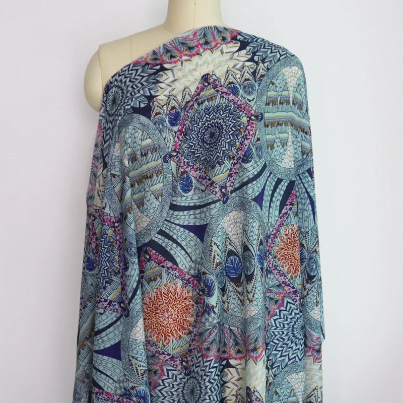

50cm*140cm Patchwork Silk Cotton Fabric Blue Bohemian Material Dress Shirt Sheer