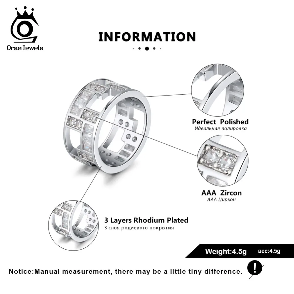ORSA JEWELS Men Women Rings Unisex Original Tetris Pattern Hollowed AAA CZ Silver Color Cocktail Ring Female Gift Jewelry OR172