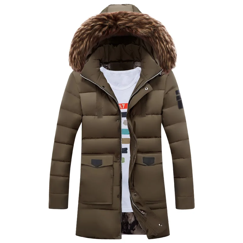 Мужская зимняя куртка, повседневная, военный, с капюшоном, с меховым воротником, утолщенная, средней длины, одноцветная, пуховики, утепленные, хлопковые пальто, мужские парки - Цвет: khaki