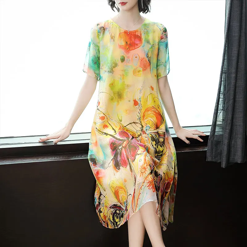 

Yellow Silk Dress Women Plus Size 2019 Summer High Quality Midi Party Dresses Robe Floral Print Xxl Xxxl Elegant Vintage Clothes