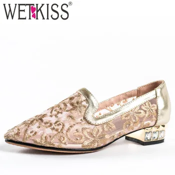 

WETKISS Crystal Thick Heels Pumps Women Pointed Toe Slip On Footwear Tthnic Shoes Female Appliques Mesh Shoes Woman Spring 2019