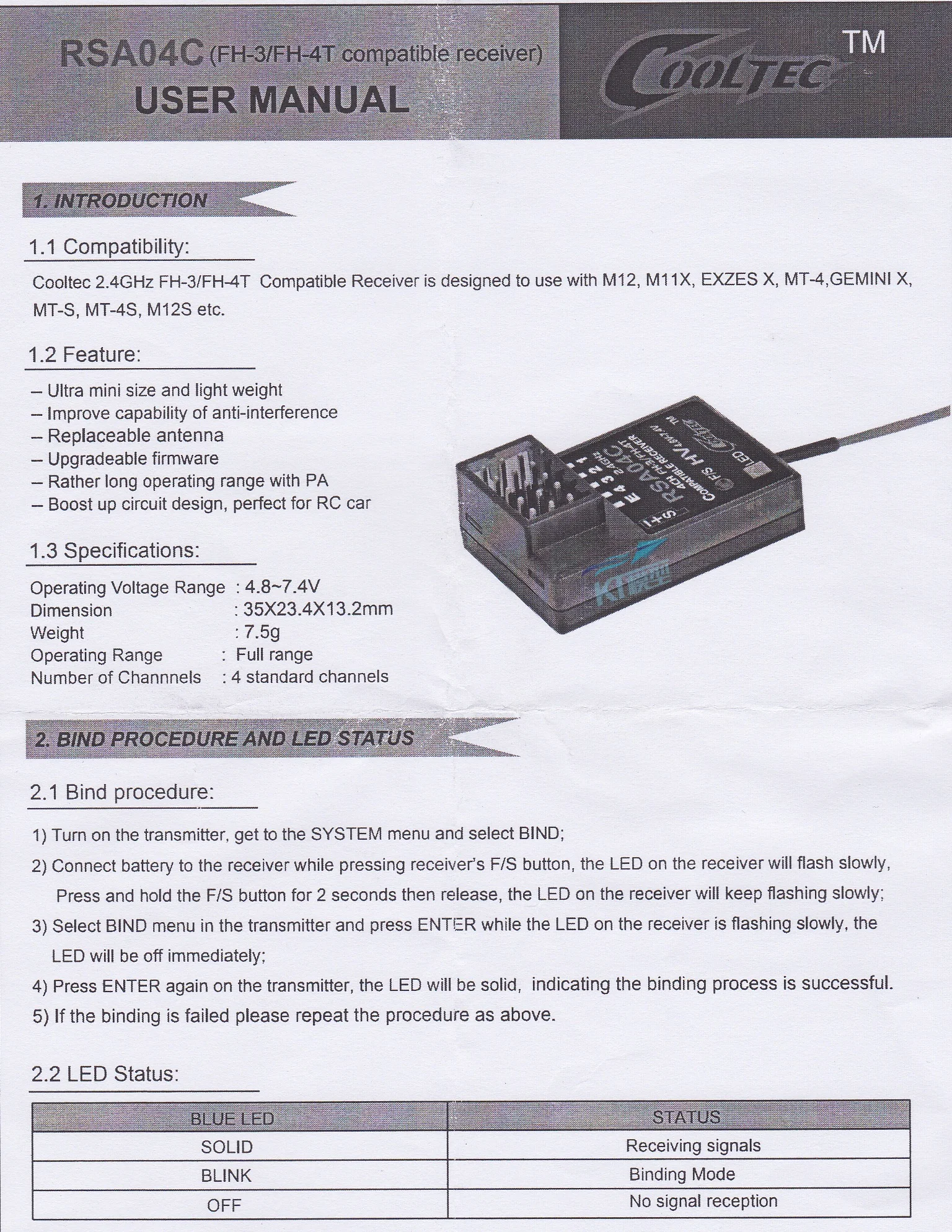 CoolTech RSA04C RS472HV 4CH приемник FH-3/FH-4T совместимый для Sanwa M12 M11X MT-44 MX-3X MT-S MT-4S M12S RC автомобиль с дистанционным управлением