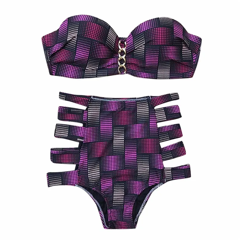 

Women's high-waisted printed three-piece swimsuit Push-up padded bra halter off shoulder backless swimsuit Set underwear 40fb19