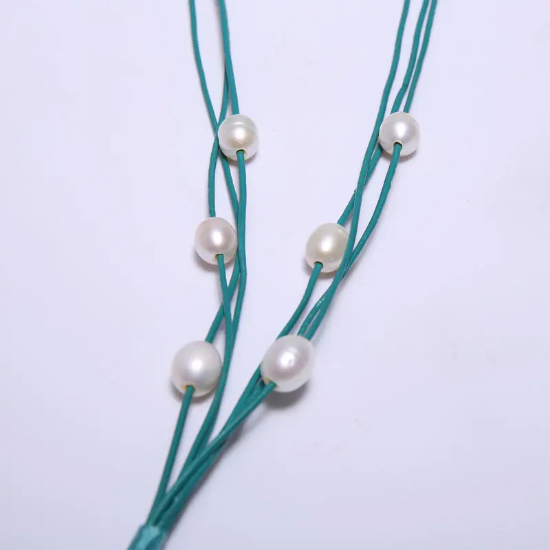 Blue Leather 10-11 mm String Pearl Necklace 68 cm Long, 5 Star Pendant 10.5 cm Long
