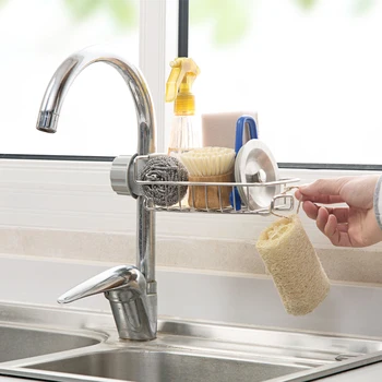 

LMETJMA Stainless Steel Sink Faucet Sponge Holder Kitchen Towel Sponge Drain Holder Rack Bathroom Soap Brush Storage Rack KC0262