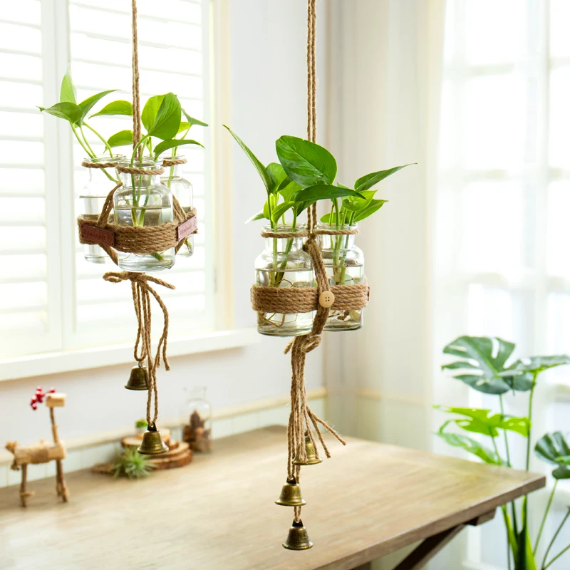 Садовое настенное стекло ваза индивидуальная пеньковая веревка Висячие емкости для гидропоники ваза украшения стен