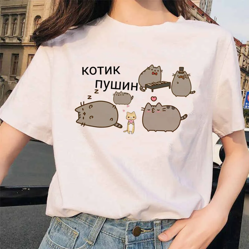 Cute Pusheen Cat Graphic Women's T-Shirt - Kawaii Cartoon Fashion Tee