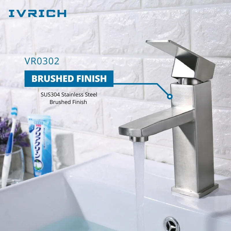

IVRICH Square Style Stainless Steel Basin Faucet SUS304 Hot Cold Tap Ceramic Core Brushed Lead-Free Faucet VR0302