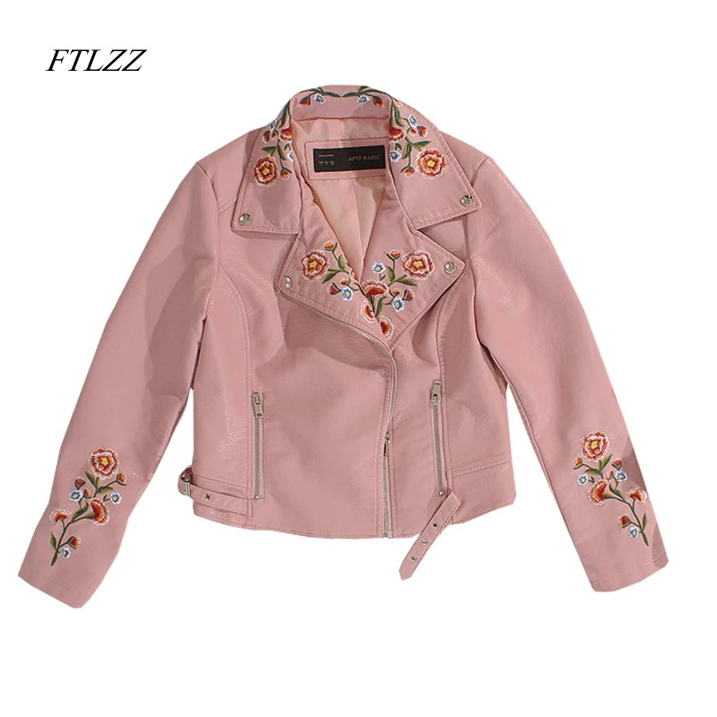 

Ftlzz New Women Spring Pu Leather Jacket Embroidery Floral Print Vintage Biker Coat Fashion Slim Female Motorcycle Jackets