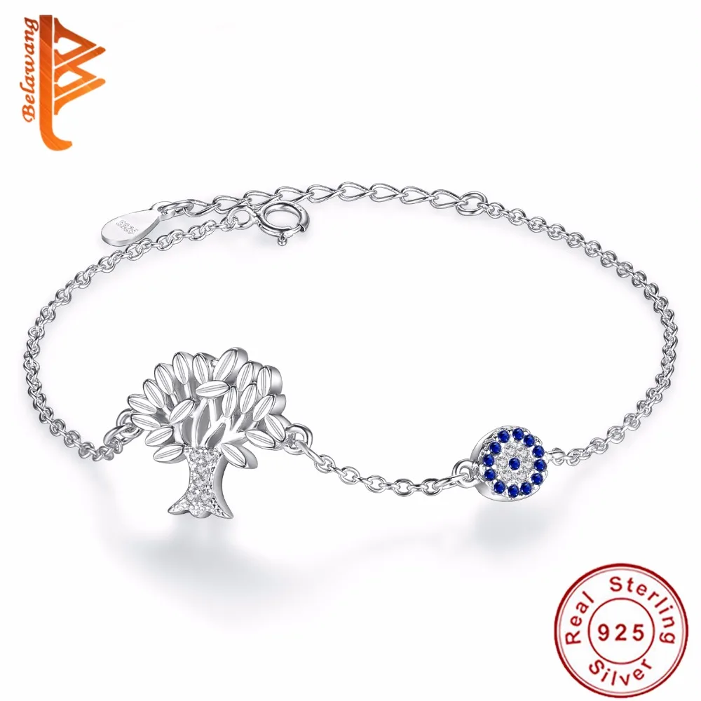 Аутентичные 925 Браслеты стерлингового серебра браслеты Для женщин с украшением в виде кристаллов Древо жизни и голубыми глазами Круглый браслет с подвесками, ювелирные изделия с цирконием