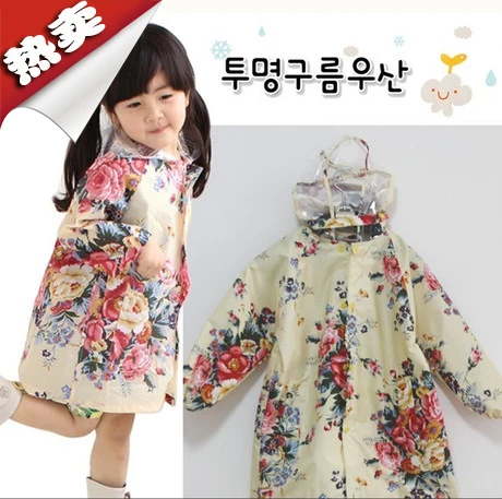 Children's Girls Waterproof Floral Peony Hooded Print Outwear Poncho Raincoat 