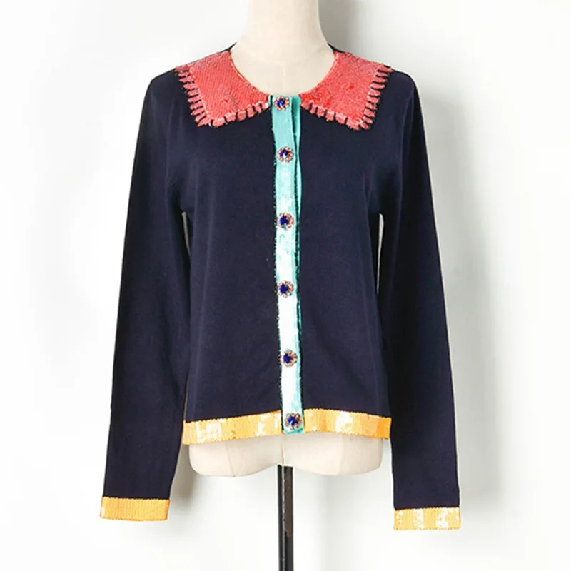 Высококачественный женский свитер, кардиганы, осень, длинный рукав, круглый вырез, с блестками, однобортный Кардиган, милое вязаное пальто