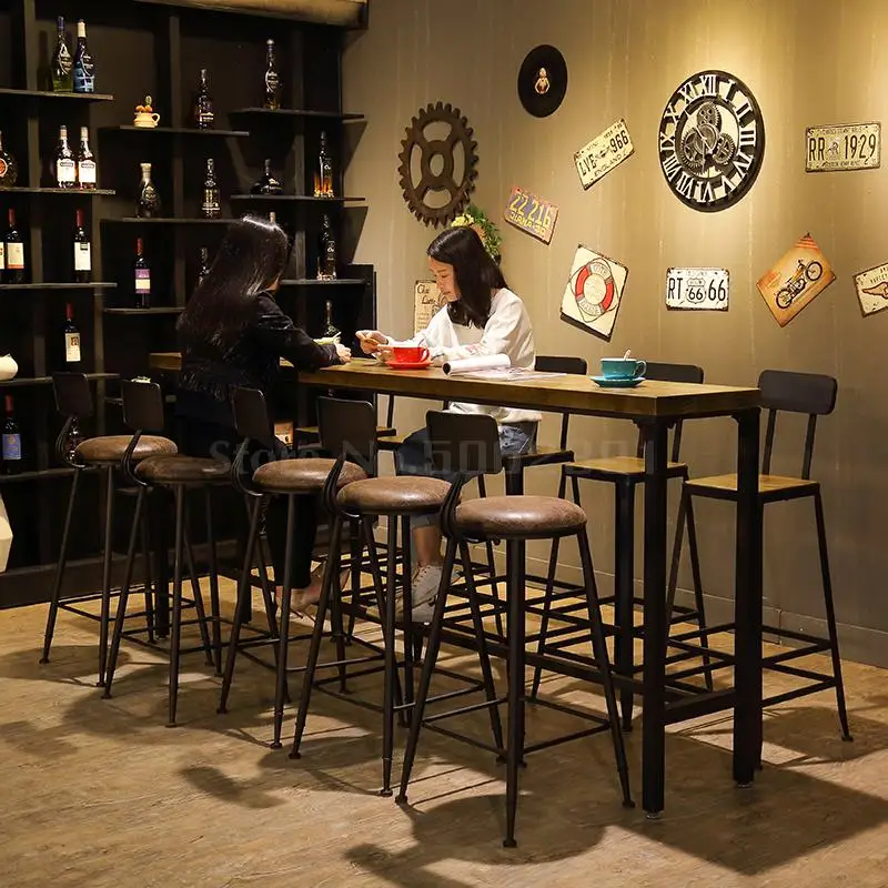 Промышленный Железный художественный твердый деревянный бытовой бар, стул, стол, современные ровные цилиндры, стенд, кафе, бар, стол и стул