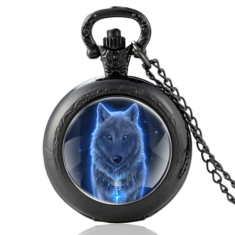 Новая мода Винтаж бронзовый таинственный волк кварцевые карманные часы Ретро Мужчины Женщины волк кулон ожерелье антикварные ювелирные изделия - Цвет: P206-Black