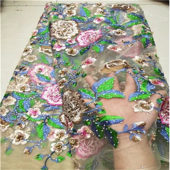 

French Lace Fabric With Beads And Stones Mesh Tulle High Quality Nigerian Lace Fabric For Wedding Lace 5Yards
