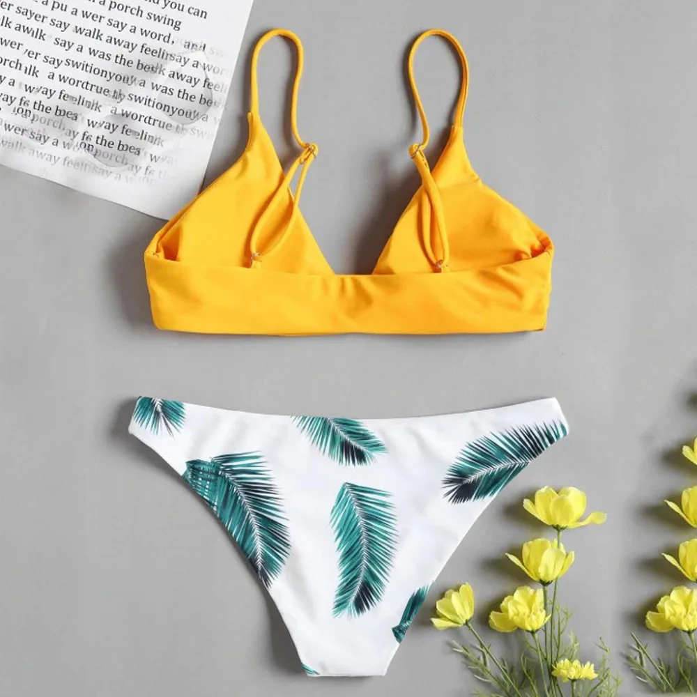 2019 Woman sexy solid color leaf print fresh split swimwear bikini set Brazilian beach swimming push up mujer brasile 40M29 (9)