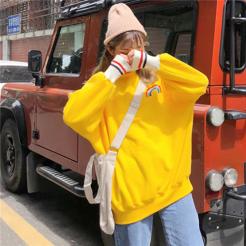 Корейская версия однотонного цвета с радужным принтом свитер Harajuku свободный длинный раздел плюс хлопок толстый качественный модный свитер