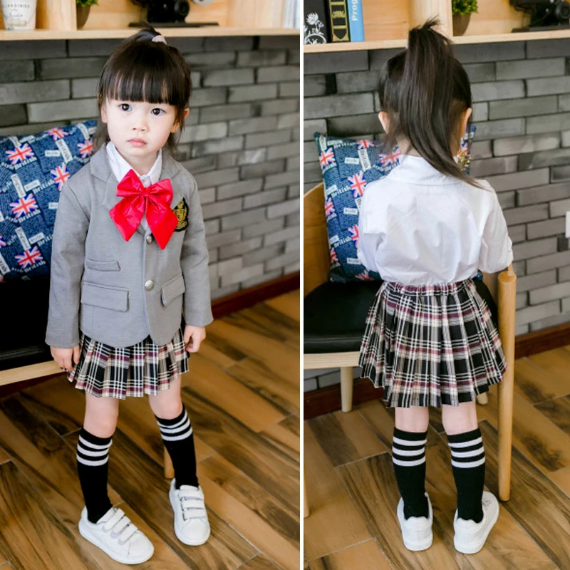 

Children Girls School uniform Clothes Set 2016 New Autumn 3Pcs Long Sleeve Jacket White Blouse Skirt Girl Kids School Outfits