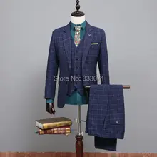 Шерсть Синий Ckeck твид индивидуальный заказ мужской костюм блейзеры Ретро портной slim fit свадебные костюмы Жених платье Вечерние смокинг 3 шт