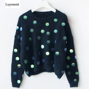 

women handmade sequin beading mohair round neck long sleeve pullover sweater 2020 autumn winter charactor knit top femme mujer