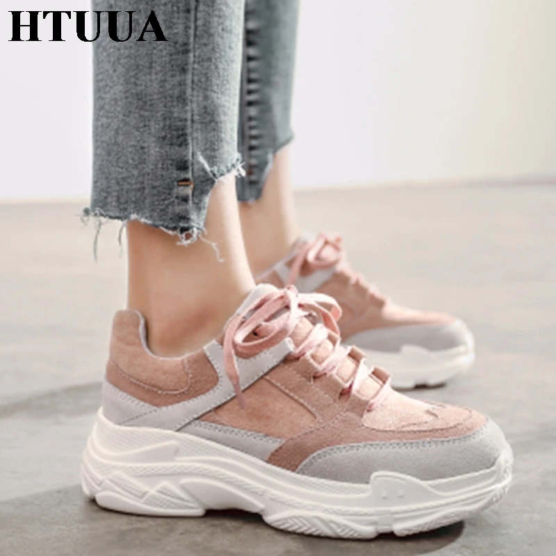 HTUUA/Новые весенние кроссовки Женская обувь на платформе и высоком каблуке