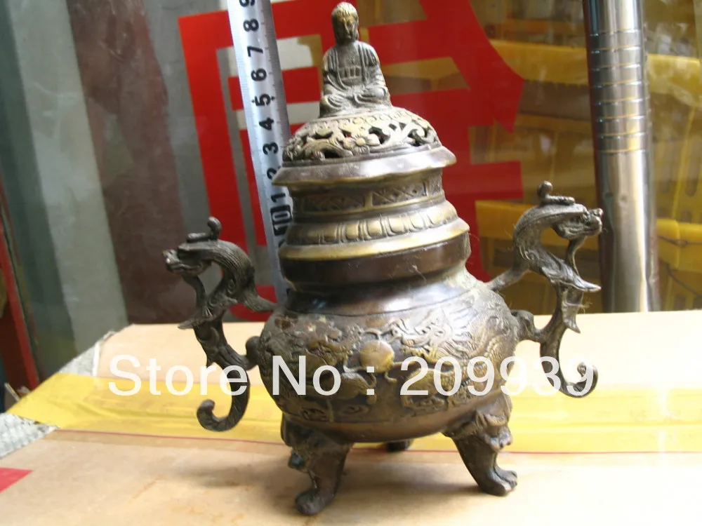 

00827 Collectibles Elegant Buddha 2 dragon totem censer Incense Burners bronze statue