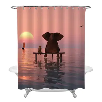 

Elephant and Dog Sitting in The Middle of The Sea Watching Sunset Shower Curtain for Children's Bathroom Shower Stall