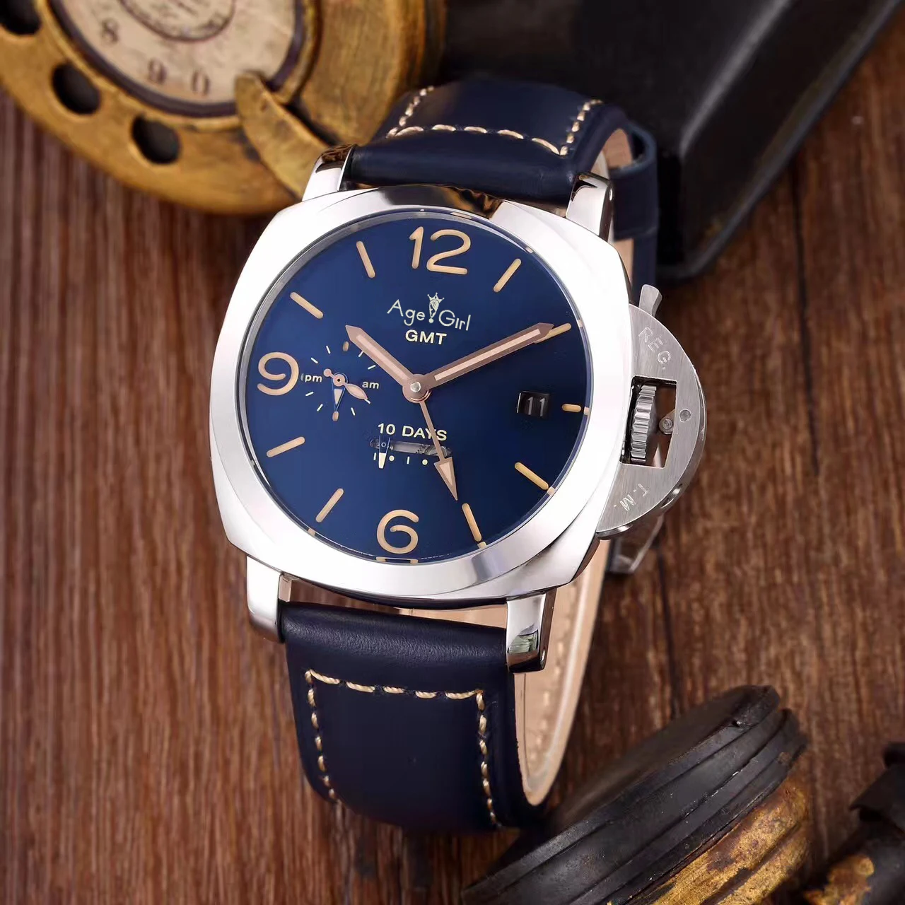 

Luxury Brand New Men Automatic Mechanical Sapphire Stainless Steel GMT Watches Silver Black Leather Luminous 10 Days Watch AAA+
