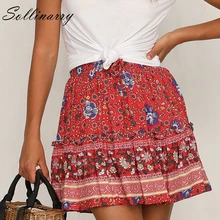 Красные цветочные Boho шикарные женские юбки с резинкой в талии сексуальный Короткая мини-юбка Женская Повседневная летняя пляжная Ретро Женская юбка