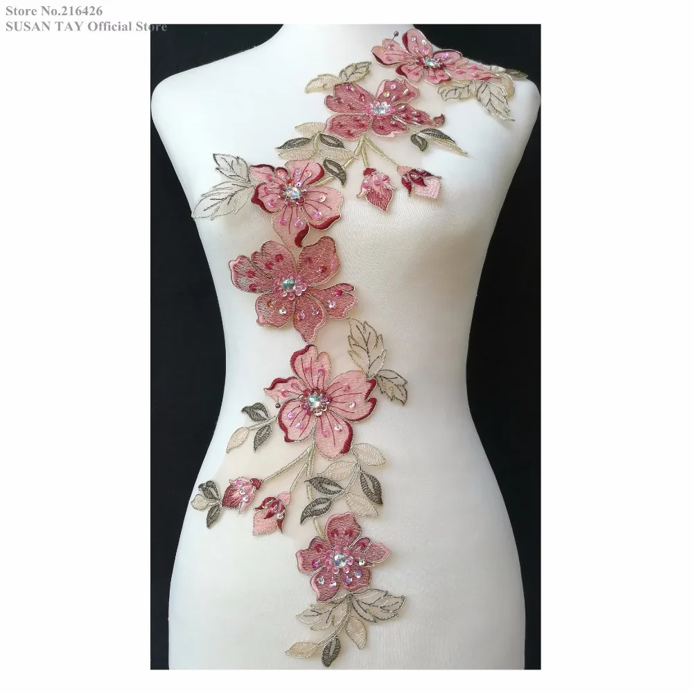 DHL/EMS Free Shipping 5pcs/lot x Handmade Pink/Maroon Beaded Sequined 3D Flower Embroidery Lace Appliques Collar Patches BNC120I | Дом и сад