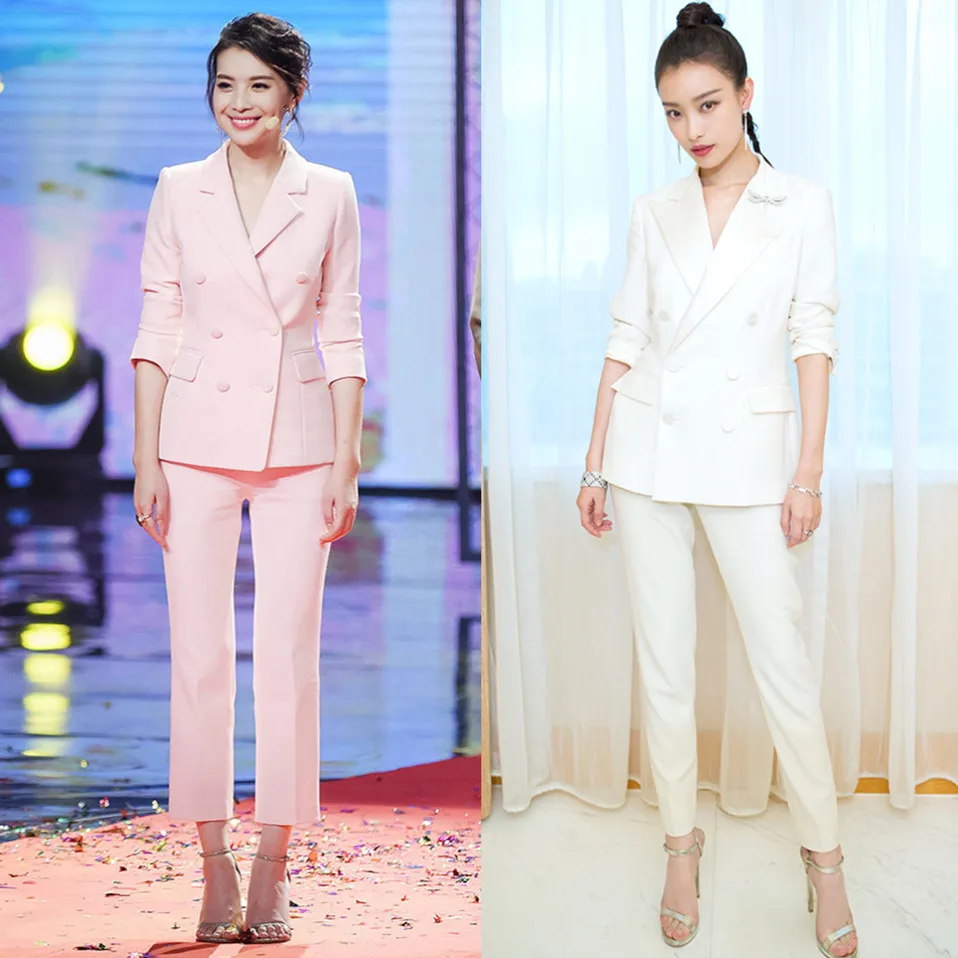 

2019 Korean version of the spring temperament double-breasted jacket nine pants suits women two-piece suit