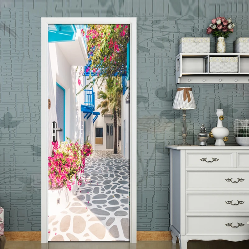 

European Town Street View 3D Photo Wallpaper Roll PVC Waterproof Self-adhesive Door Sticker Mural Decoration Papel De Parede 3D