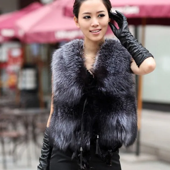 Осенне-зимний жилет из меха серебристой лисы, верхняя одежда для женщин с лисьими головками размера плюс S-XXXL, меховой жилет - Цвет: gray