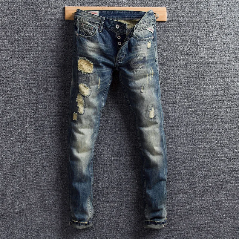 

Fashion Streetwear Men Jeans Blue Color Retro Wash Slim Fit Destroyed Ripped Jeans Men Patchwork Embroidery Hip Hop Jeans Hombre