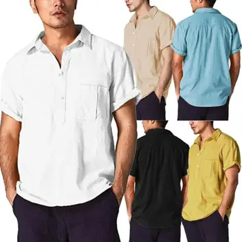 

UK Men's Linen Short Sleeve Summer Solid Shirts Casual Loose Dress Soft Tops Tee
