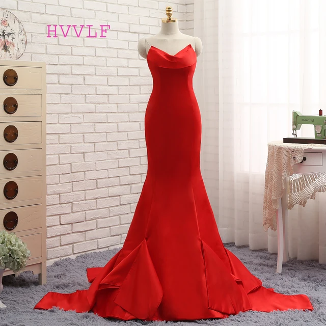 Hvvlf 2018 Formal Celebrity Dresses Mermaid V Neck Sweep Train Satin Hvvlf 2018 Formal Celebrity Dresses Mermaid V Neck Sweep Train Satin Red Backless Evening